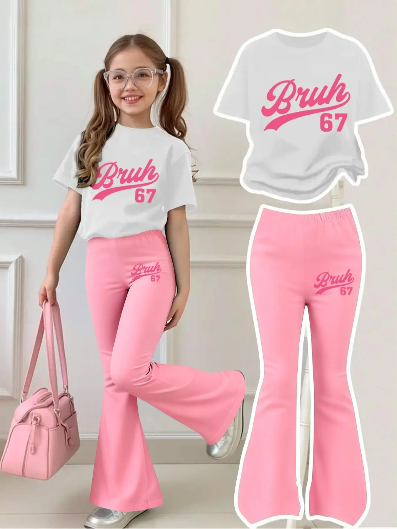 4-12Y Girls' Regular Short Sleeve and Flared Pants Two-Piece Set - Bruh67 Sweet Pink Style Regular Round Neck Casual Comfortable White Short Sleeve with Pink Flared Pants Two-Piece Set