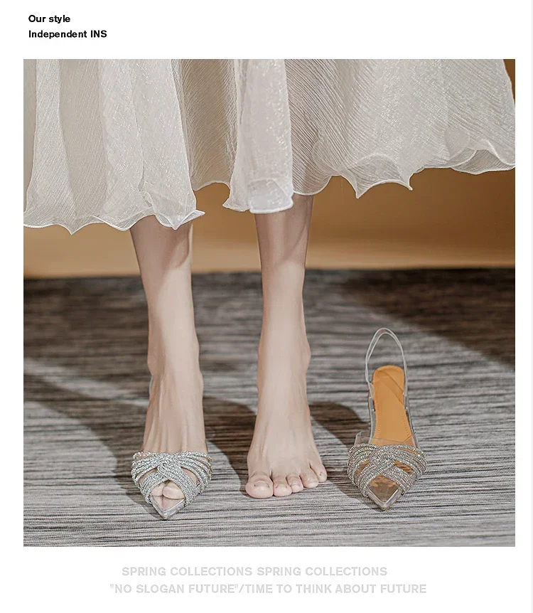 2024 Summer new pointed transparent sparkling rhinestone sandals for women, wearing high heeled slippers on top of the bag