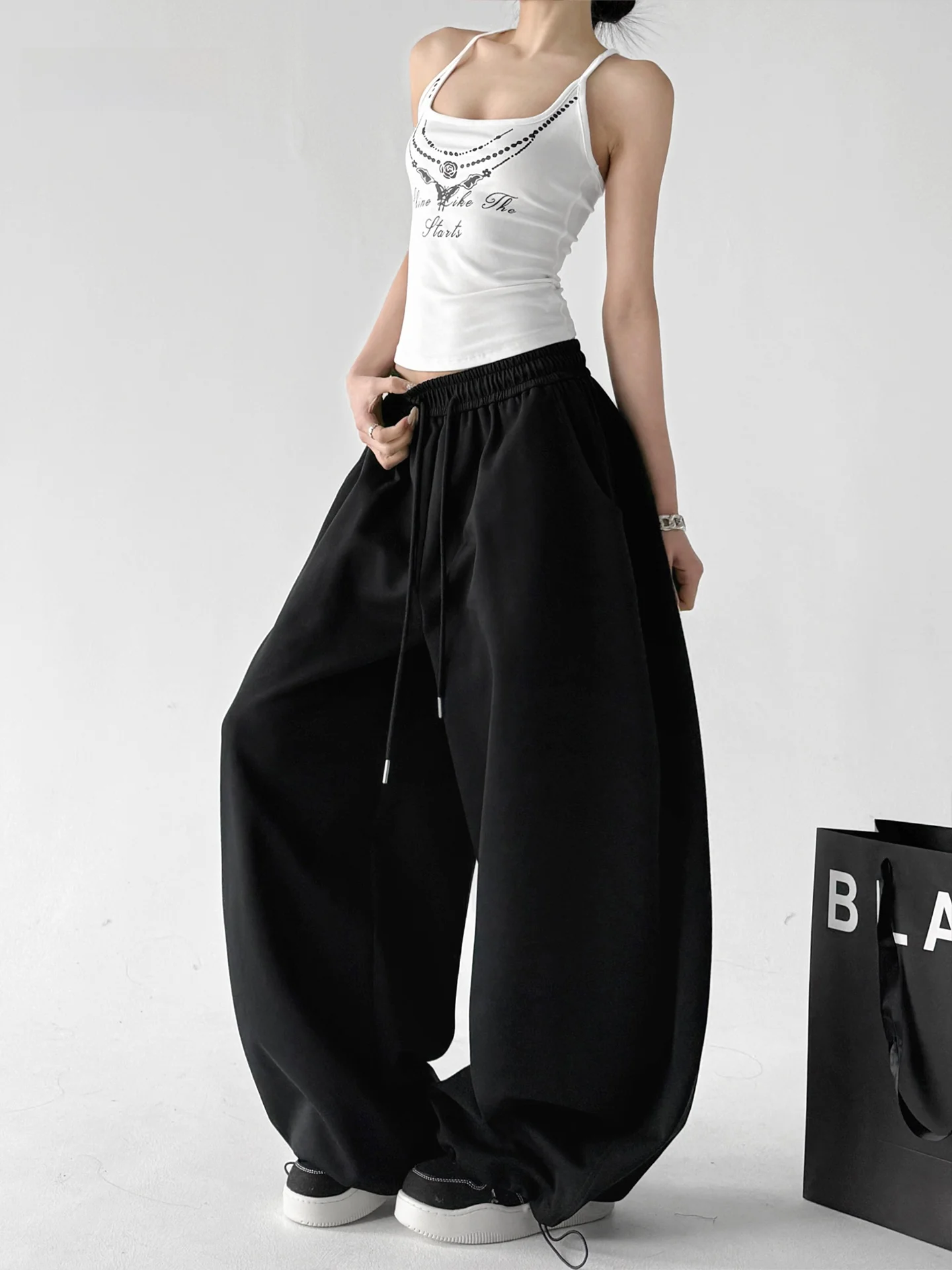 

Black High-Waist Loose Sweatpants Women's Sport Pants Summer New Drawstring Casual Outdoor Pants Slimming Versatile