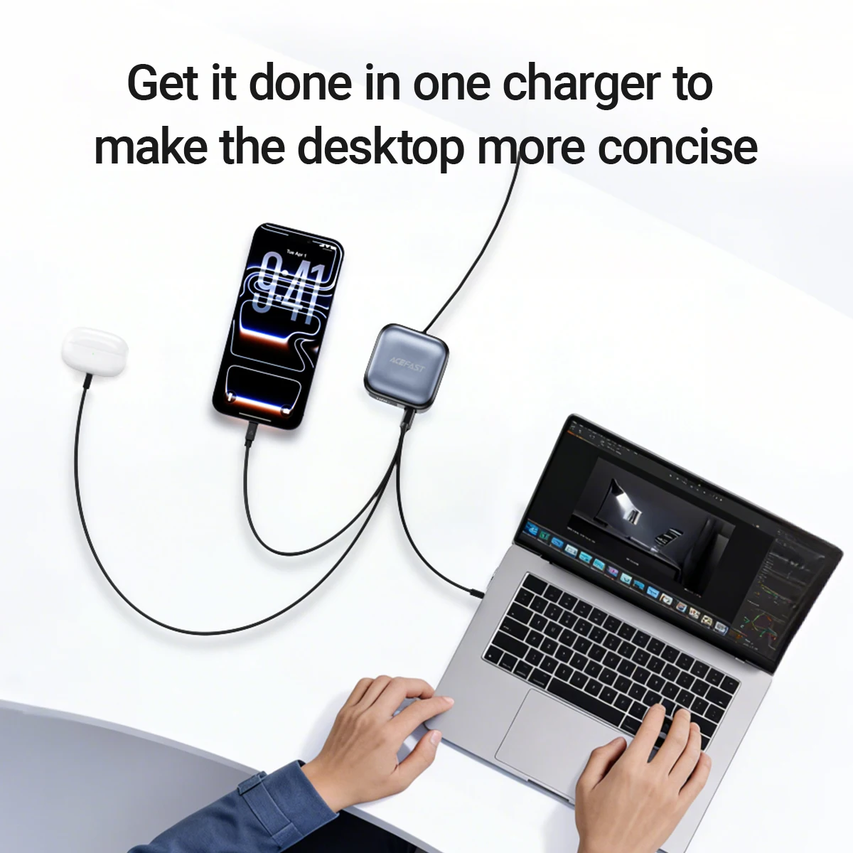 Szybka ładowarka ACEFAST 100W GaN z inteligentnym wyświetlaczem TFT, stacja ładująca na biurko z wysuwanym kablem USB C do iPhone 17 — zdjęcie produktu 6