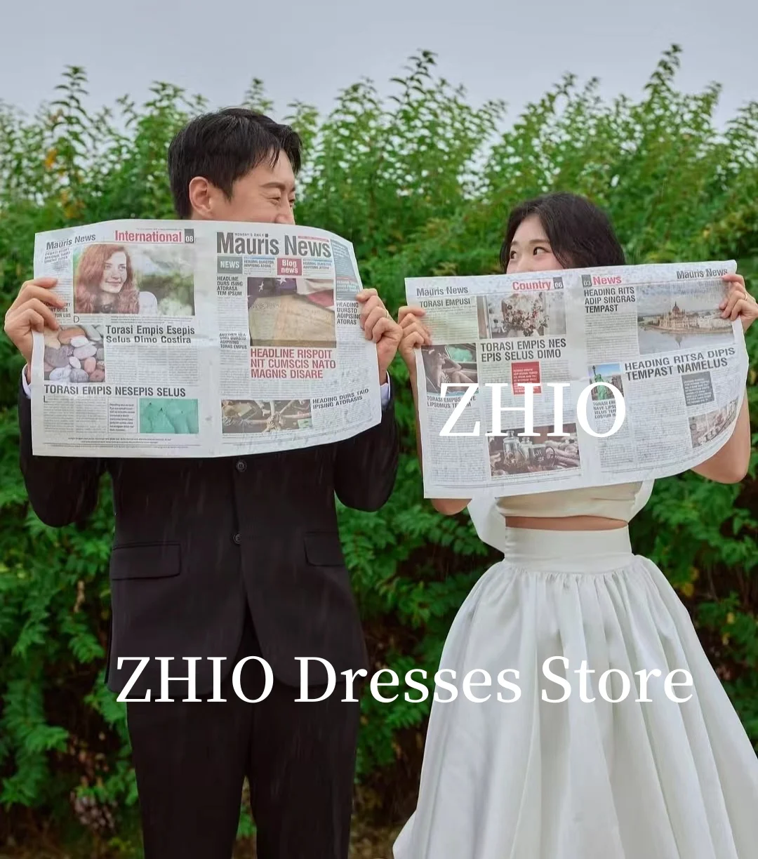 ZHIO Elegant 2PCS Wedding Dress Corset Bow Floor Length Sleeveless Strapless Bridal Gown Korea Photo Shoot Customized Simple