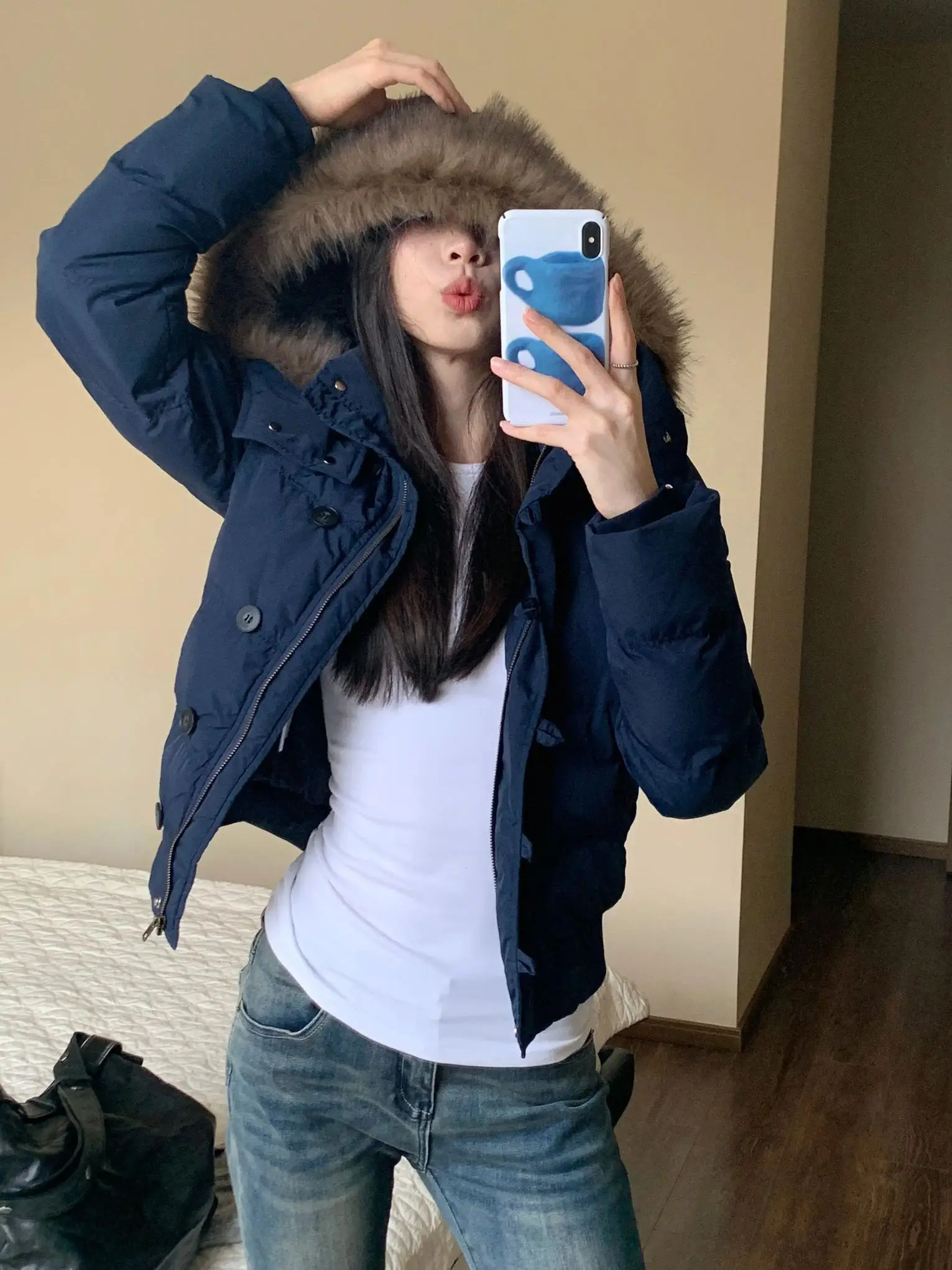 

Winter Thickened Short Cotton Jacket Women's New Style Warm down Cotton Coat with Hood Fur Collar Straight Korean Style