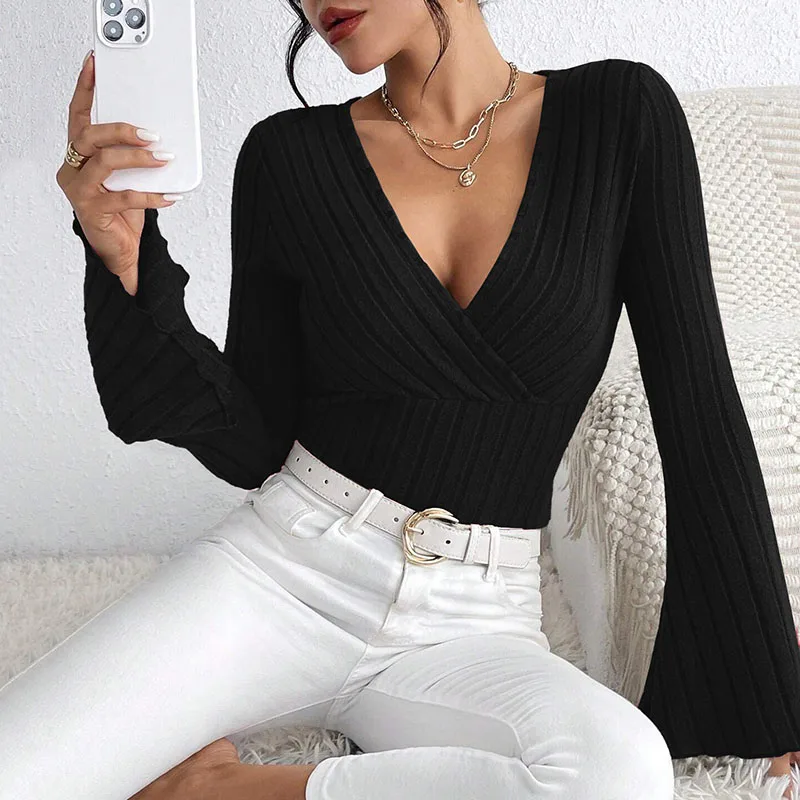 2024, сексуальные женские трикотажные уличные футболки с v-образным вырезом и расклешенными рукавами