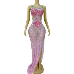 Sexy Pink Sparkly Rhinestones Supenders High Split Backless Dress Women Evening Prom Gown Red Carpet Stage Photoshoot Costume
