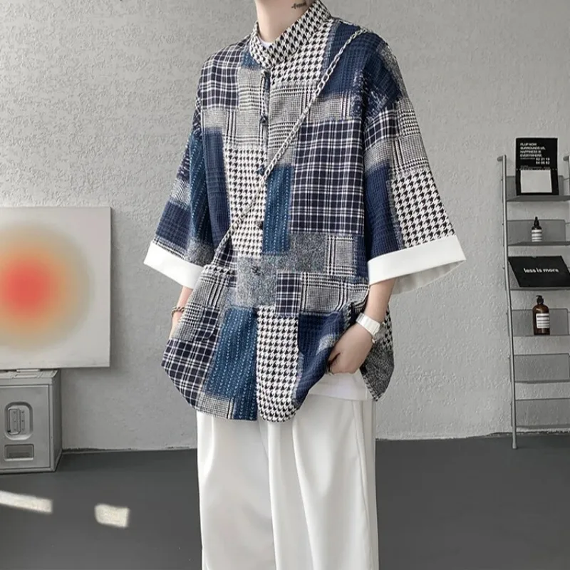 

Men's Patchwork Plaid Mandarin Collar Half Sleeve Shirt New Chinese Style Casual Loose Top