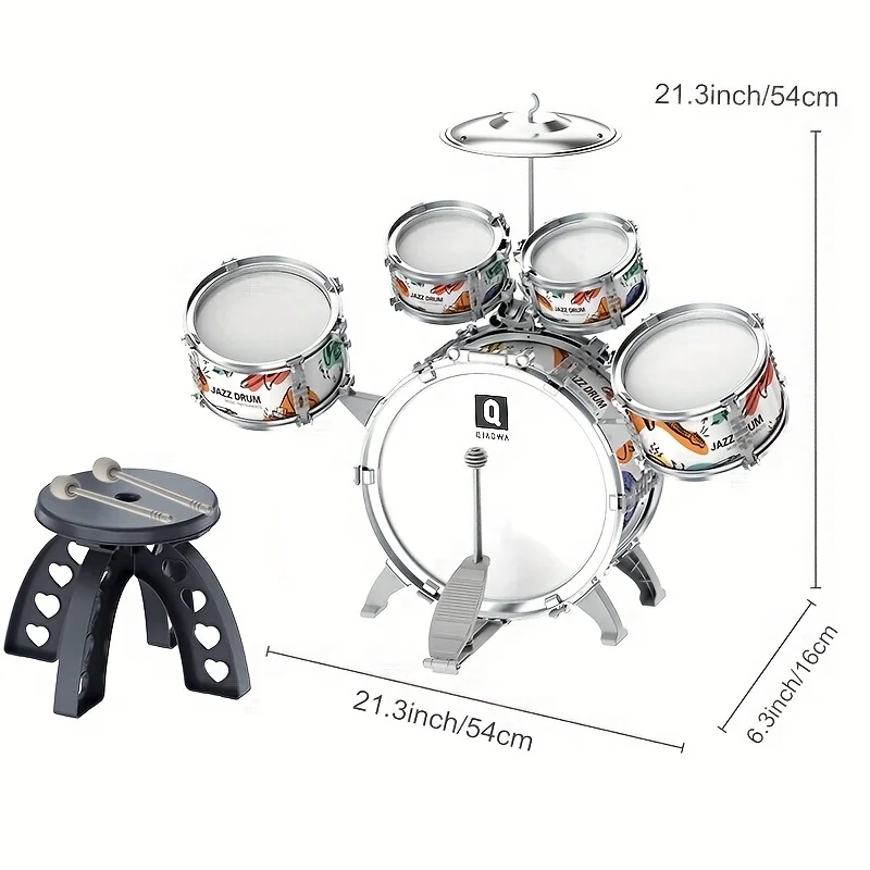 Set di batteria per bambini Kit di batteria jazz per bambini Giocattoli con sgabello Pedale Strumenti musicali a percussione Giocattolo per batteria Regalo per l'educazione precoce per ragazzi