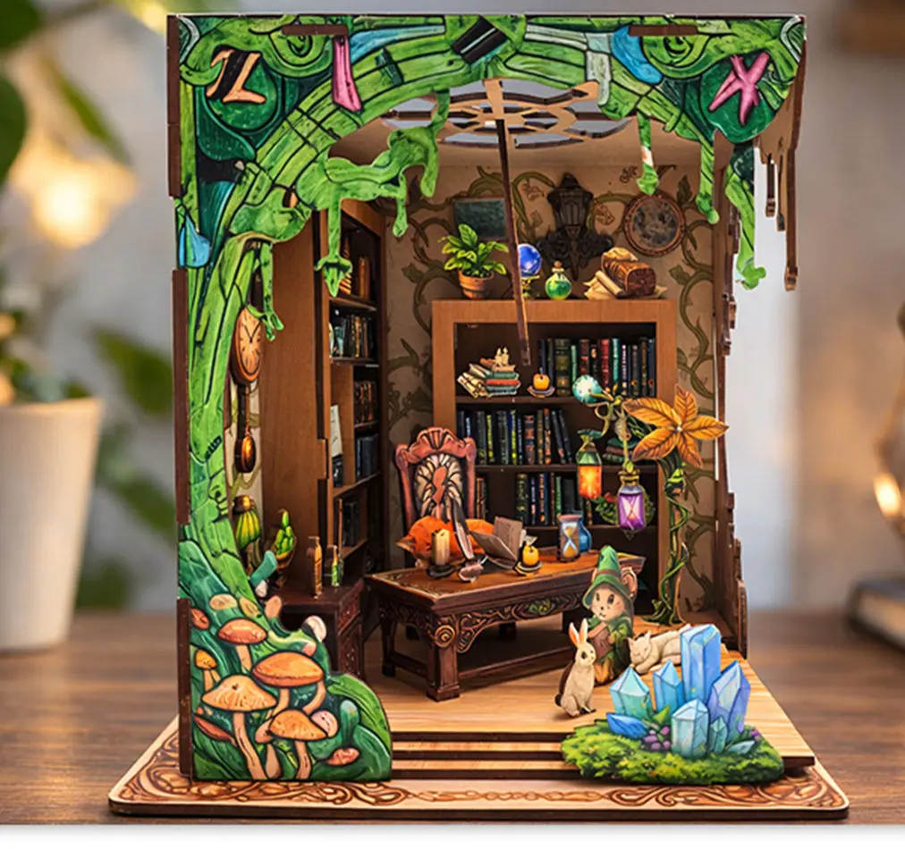 Fantasy Magic Library DIY Mini Scene, Wooden 3D Assembly Puzzle, Enchanted Study Room Dollhouse Decor Handcraft Desktop Display