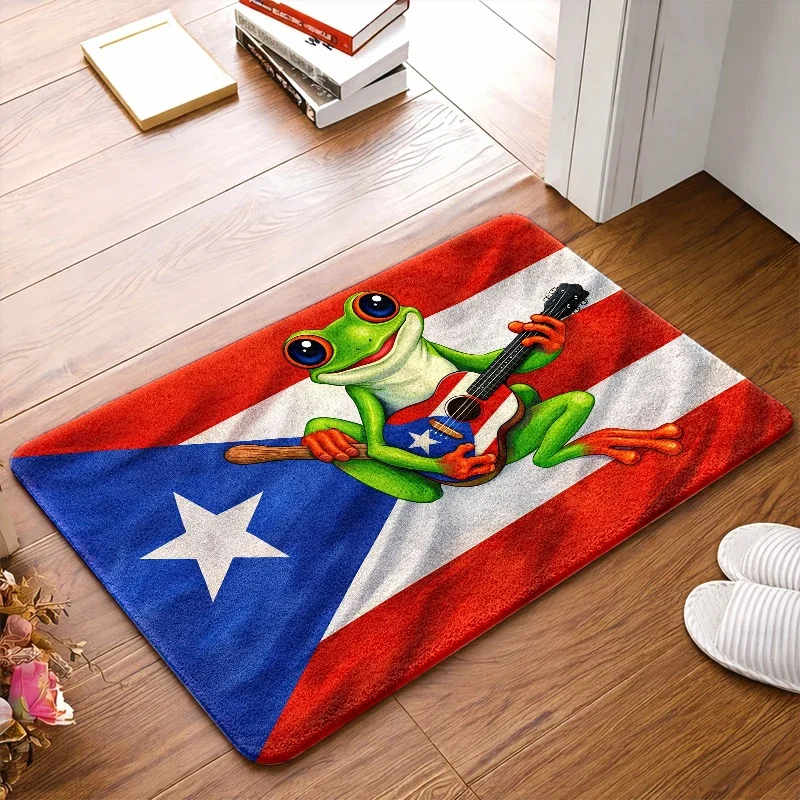 1pc Puerto‑Rico‑Flag‑Frog‑Guitar Print Welcome Doormat, Washable Indoor Outdoor Floor Mat for Bathroom, Kitchen