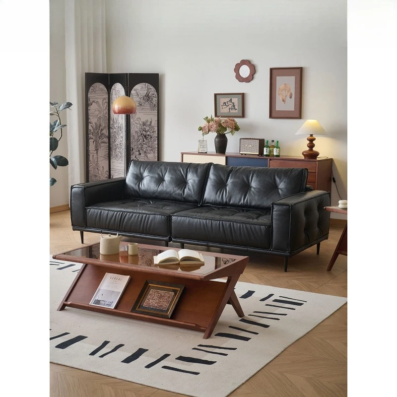 Medieval oil wax leather sofa household living room small apartment straight row French retro light luxury tofu block leather