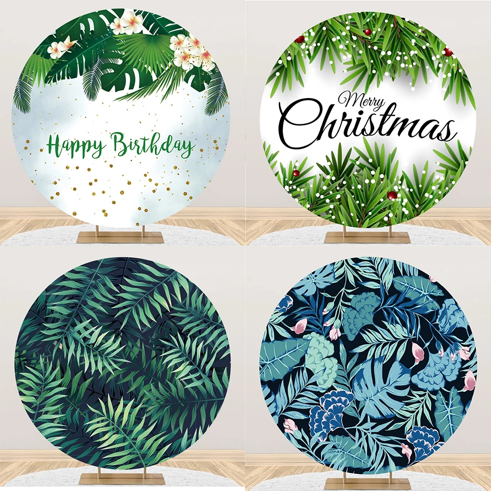 

Tropical Greenery Leaves Backdrop Polyester Backdrop Cover Elastic Round Forest Jungle backdrop Baby Shower Birthday Party Round