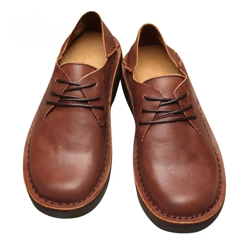 

Mens Leather Casual Shoes Retro Full Grain Leather Men Round Toe Casual Shoes Leisure Man Lace Up Soft Oxfords Four Season