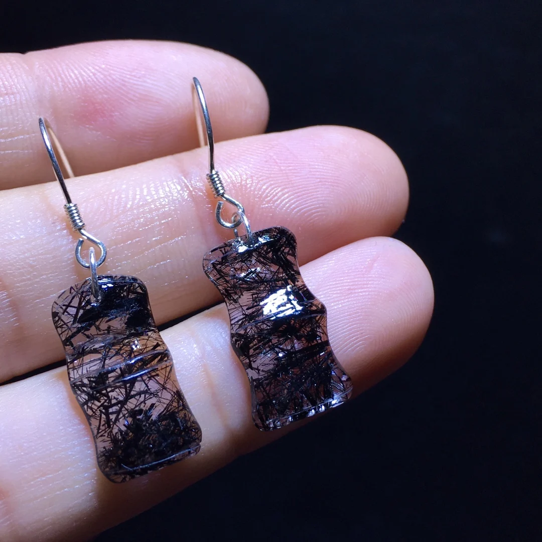 

Natural Black Rutilated Quartz Earrings Women Men Fashion Women 17.5/9.8/3.3mm Sterling Fashion Earring AAAAA