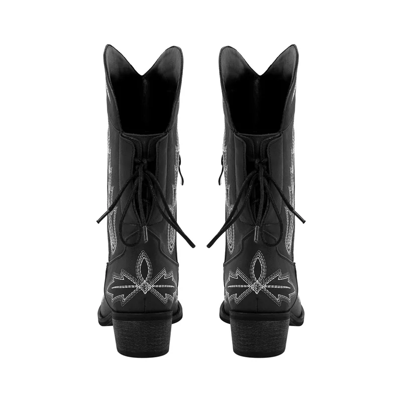 Onlymaker Women Pointed Toe Black Embroidery Western Boots Tapered Heel Round Up  Mid-Calf Western Cowgirl Boots