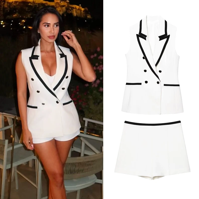 

Женский костюм без рукавов, жилет, комплект из 2 предметов для женщин, лето 2022, комплект для поездок на работу, контрастный цветной край, женские праздничные повседневные шорты