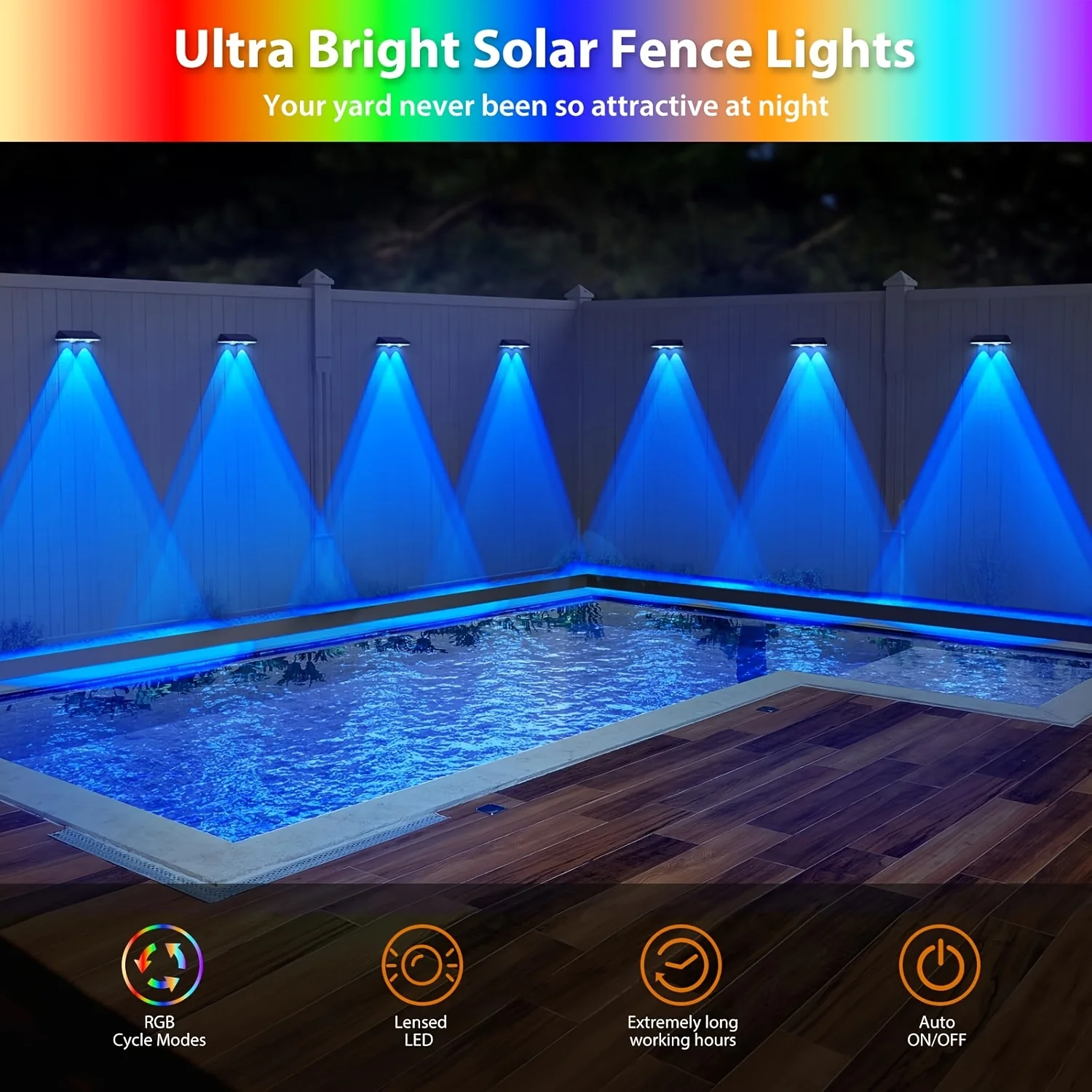 Solar Fence Lights Outdoor RGB Color Changing Waterproof Deck Step Lamp 9 Modes for Patio Balcony Yard Garden