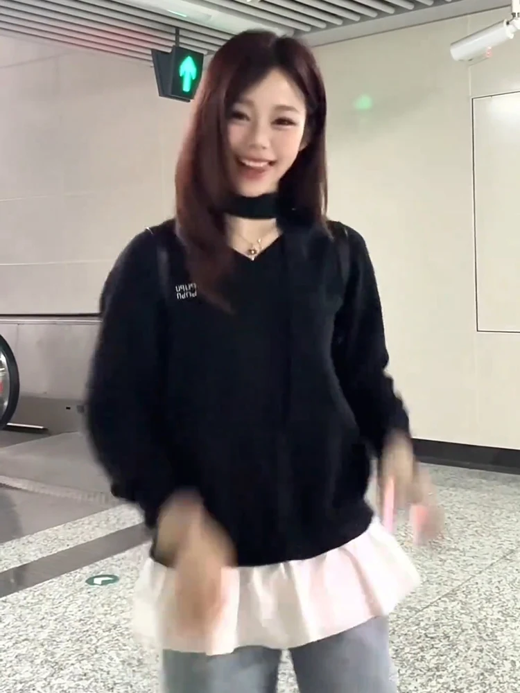 

Свободный женский вязаный свитер с v-образным вырезом, повседневный уличный топ с вышивкой, длинный свек, удобный мягкий осенний модный топ