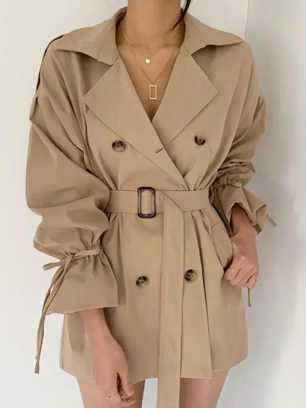 シックな初秋マットアールカラー-ダブルブレスト-スリムウエストベルト-無地ストレートレッグ-オルジャエット-レディース