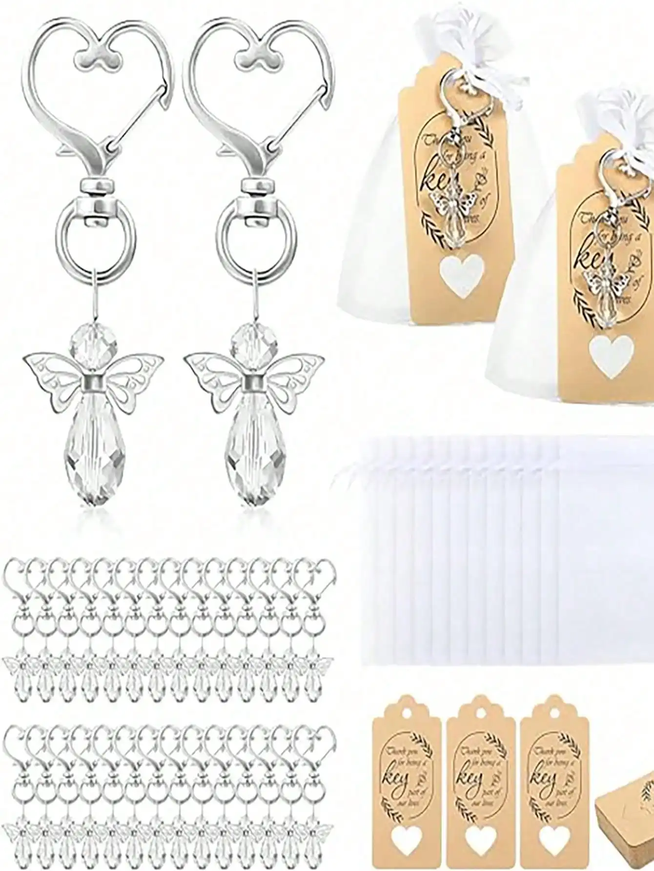 30 Silver Angel Wing Pendant Heart Keychains, with 30 Key Rings, 30 Thank You Cards & Gauze Bags - Ideal for Baptism, Weddings,