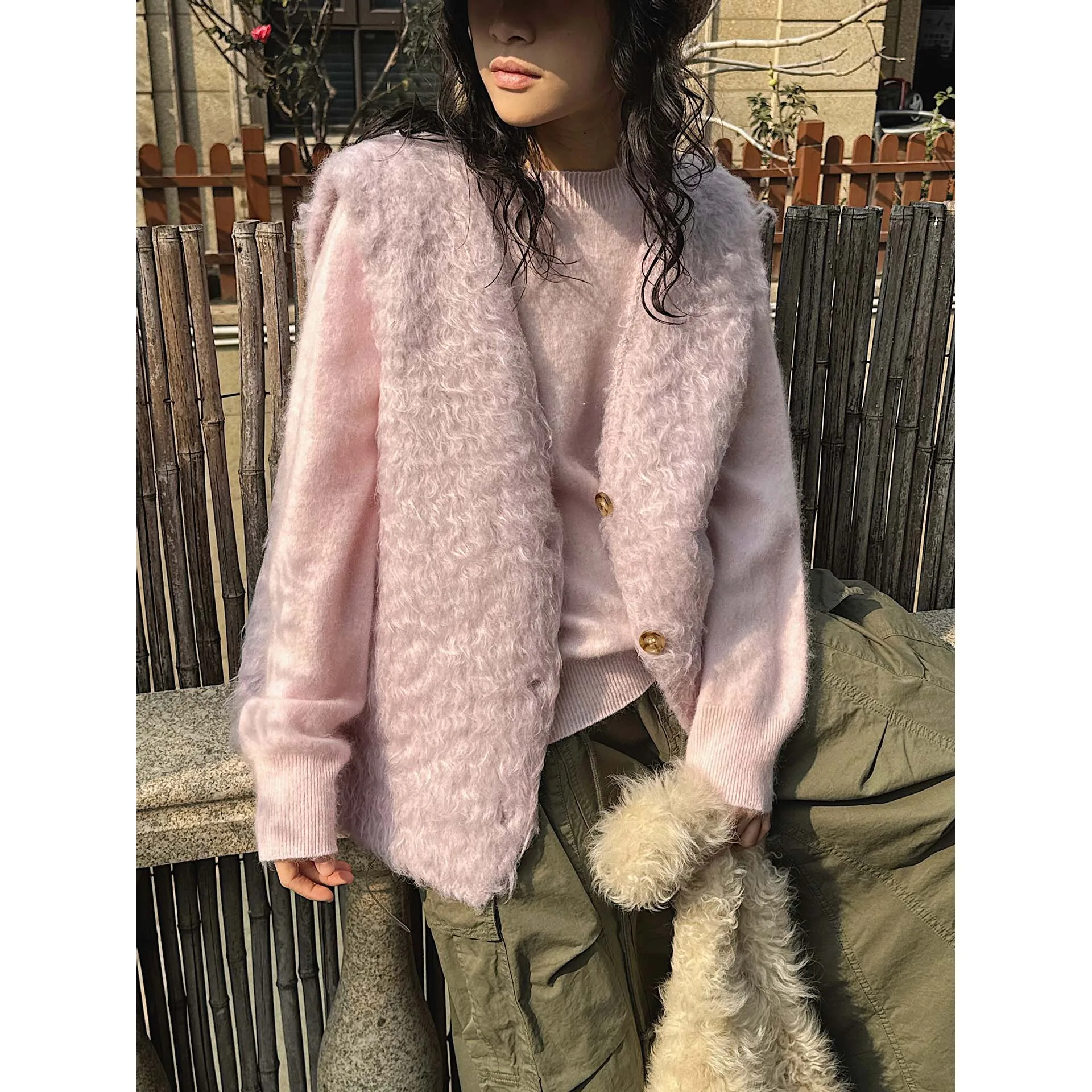 

Fluffy Vest V Neck Chic Faux Fur Jacket Sleeveless Wool Blended