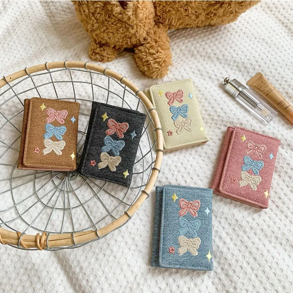 Versatile Portable Embroidered Bow Wallet Embroidery Cute Denim Coin Purse Fashion PU Leather Card Bag Student