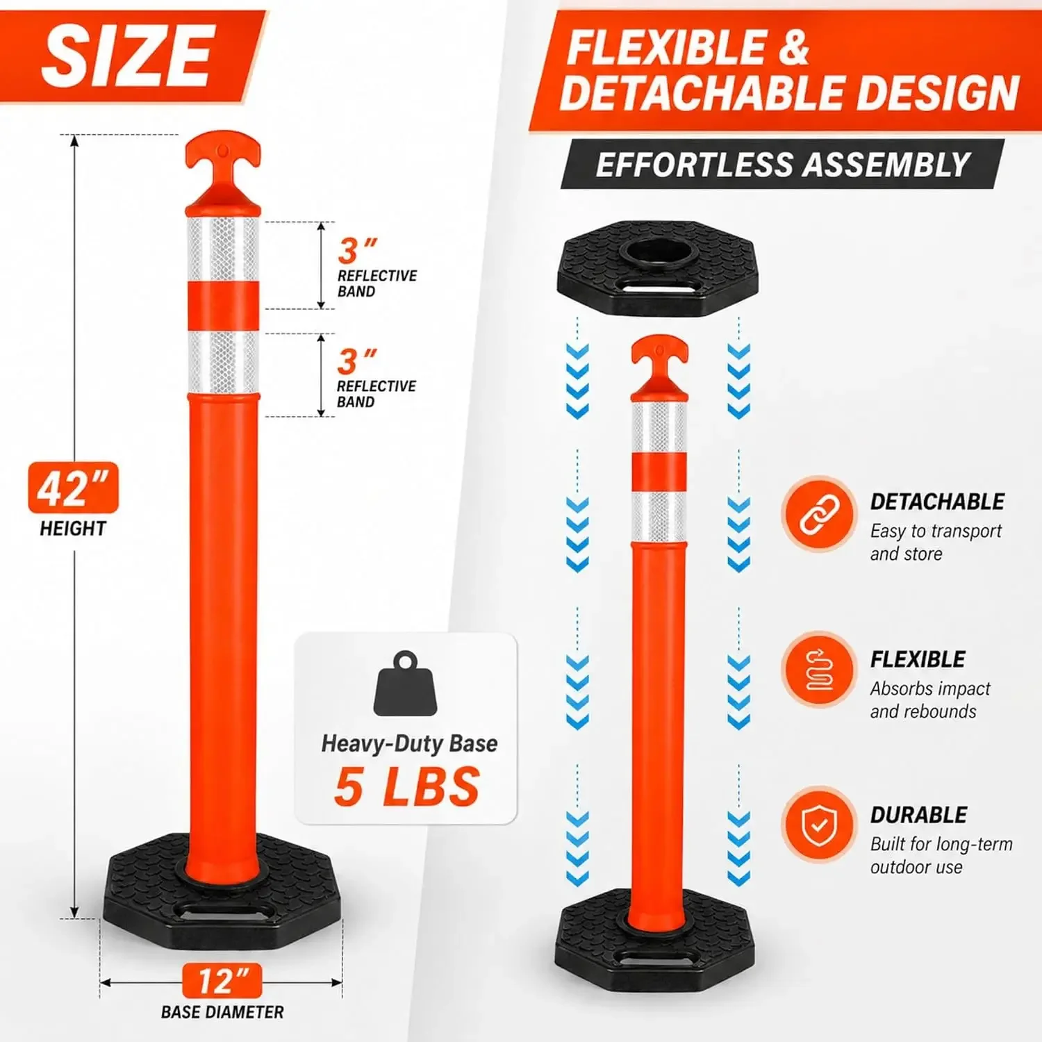 12 Pack Traffic Delineator Posts 42 inch, Orange Safety Cones w/ Weighted Rubber Base, Road Construction Guide Post w/ Dual Reflective Collars