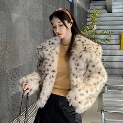 Abrigo de piel corto de punto de leopardo para mujer, abrigo de piel sintética informal con cuello vuelto, chaqueta esponjosa, abrigo de piel Artificial para invierno 2023