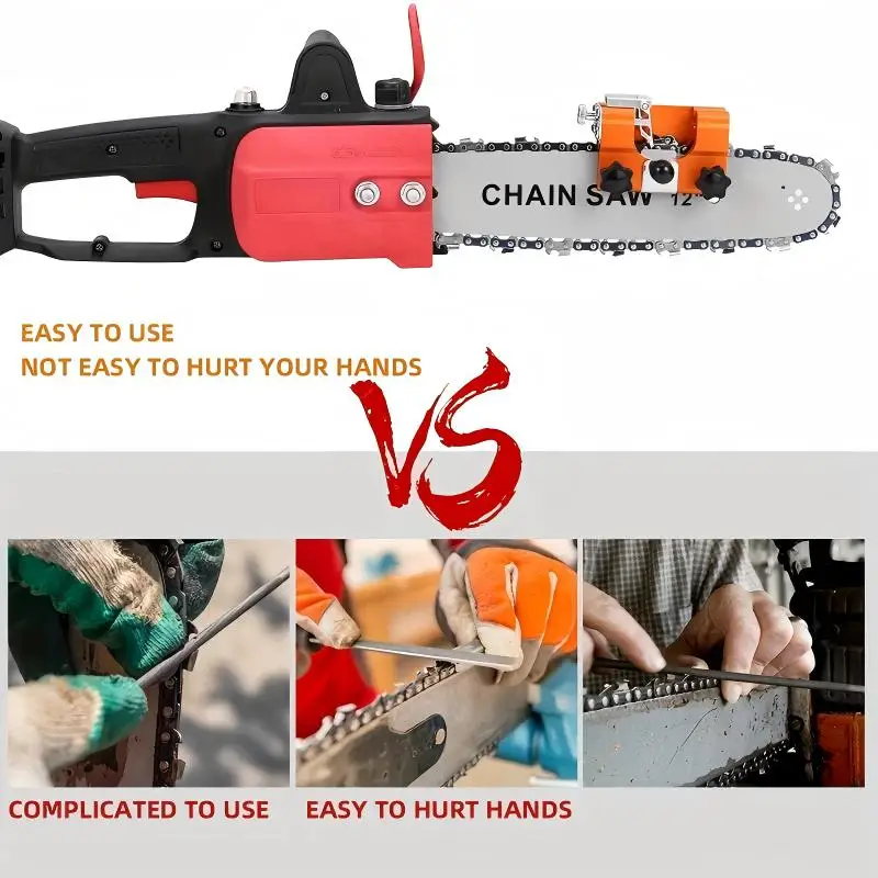 A Set of Chain Saw Sharpening Tools, Portable Chain Saw Sharpener, Hand-Cranked Chain Saw Sharpening Tool, Equipped with Dual-Purpose Carbide Grinding Heads, Extended Guide Sleeve Design, and Chain Saw Sharpening Clamp, Suitable for Quickly Sharpening Chain Saw Blades