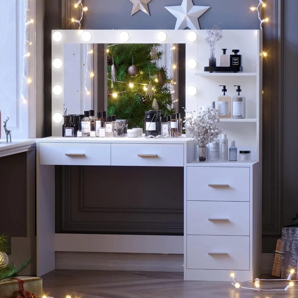 

46.7" Makeup Vanity Table with Lighted Mirror – Large Vanity Desk with Storage Shelf & 5 Drawers, Bedroom Dressing Table for Bea