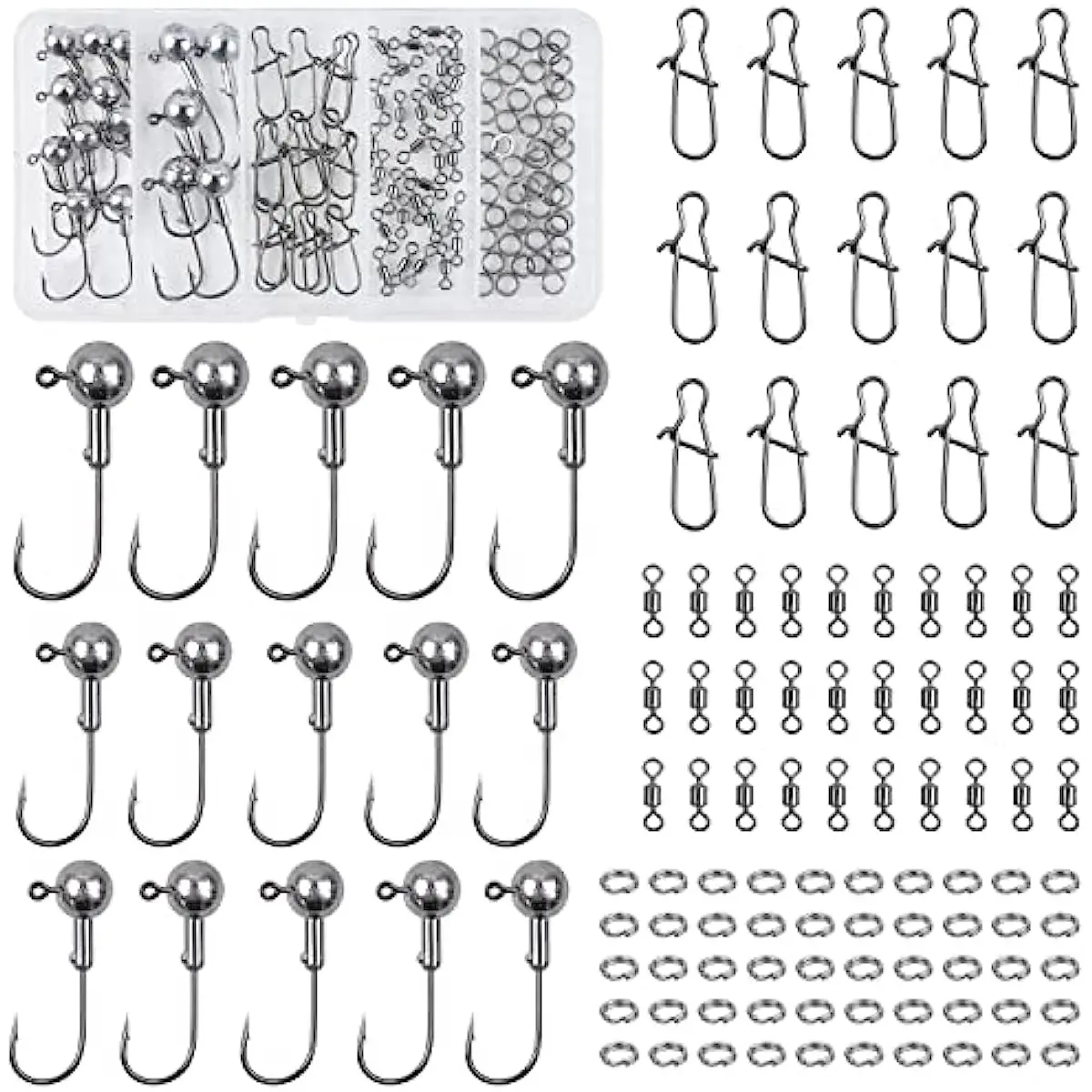 110PCS Unpainted Crappie Jig Heads Swivels Kit Round Head Fishing Jig Hooks Snap Swivels Fishing Gear Bass Jigs Fishing Tackle