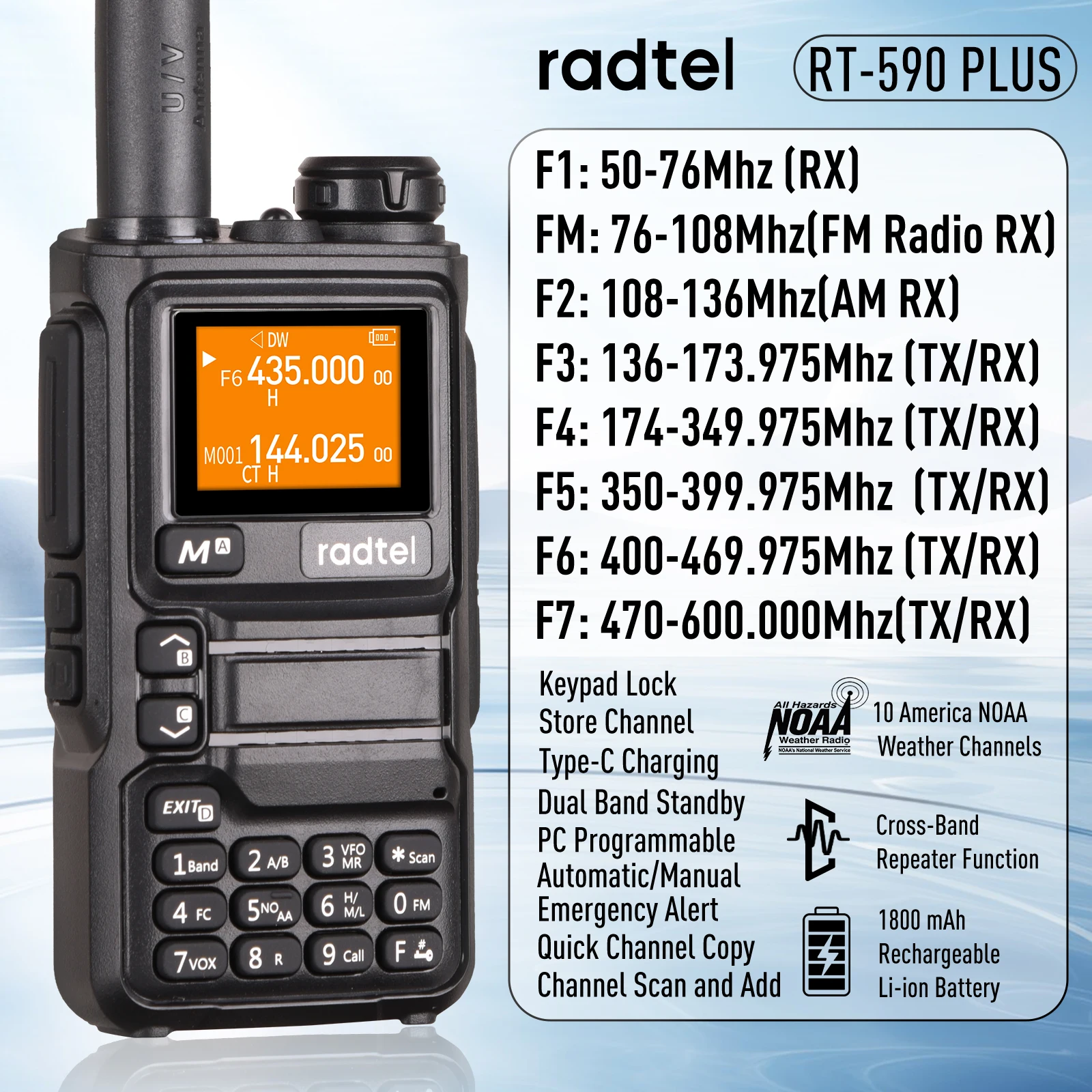 Radtel RT-590 Plus Air Band Walkie Talkie Amateur Ham Two Way Radio Station UHF VHF 200CH Full Band with NOAA Channel AM Satcom