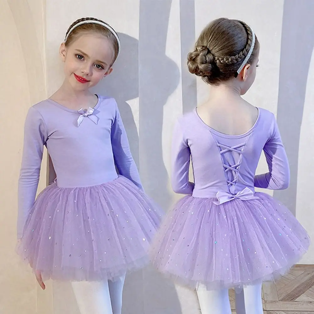 Fashion Long Sleeve Kids Ballet Dress Cotton Bowknot Performance Clothes Party Dress Sequins Dance Costumes Children