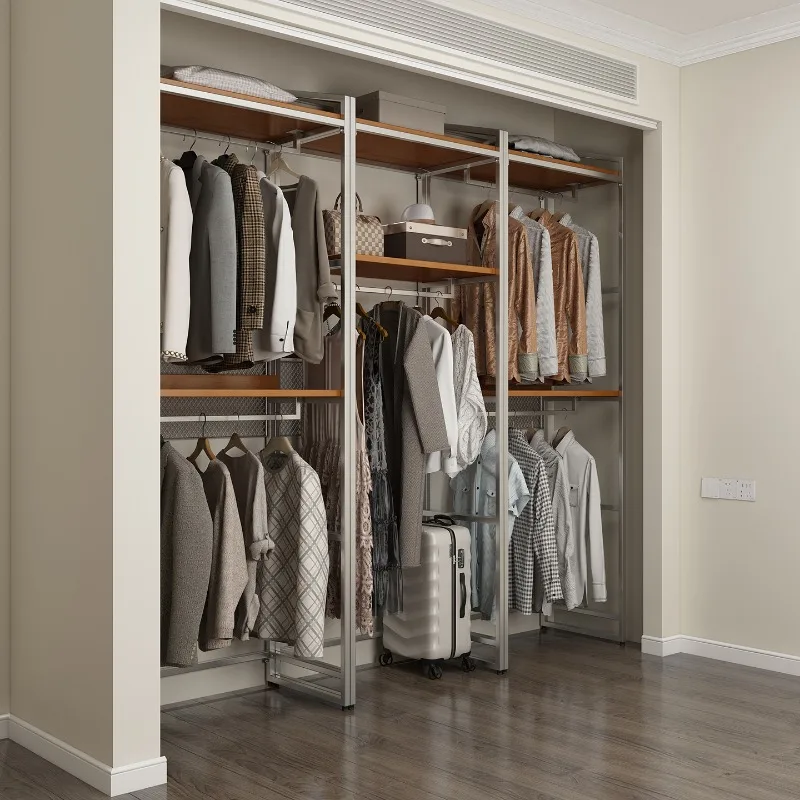 Bedroom home solid wood open cloakroom steel frame wardrobe rack