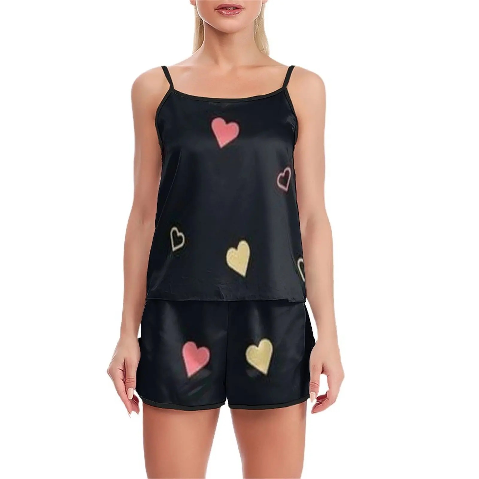

2026Women's pajama set, black with heart theme, halter top and short pants set