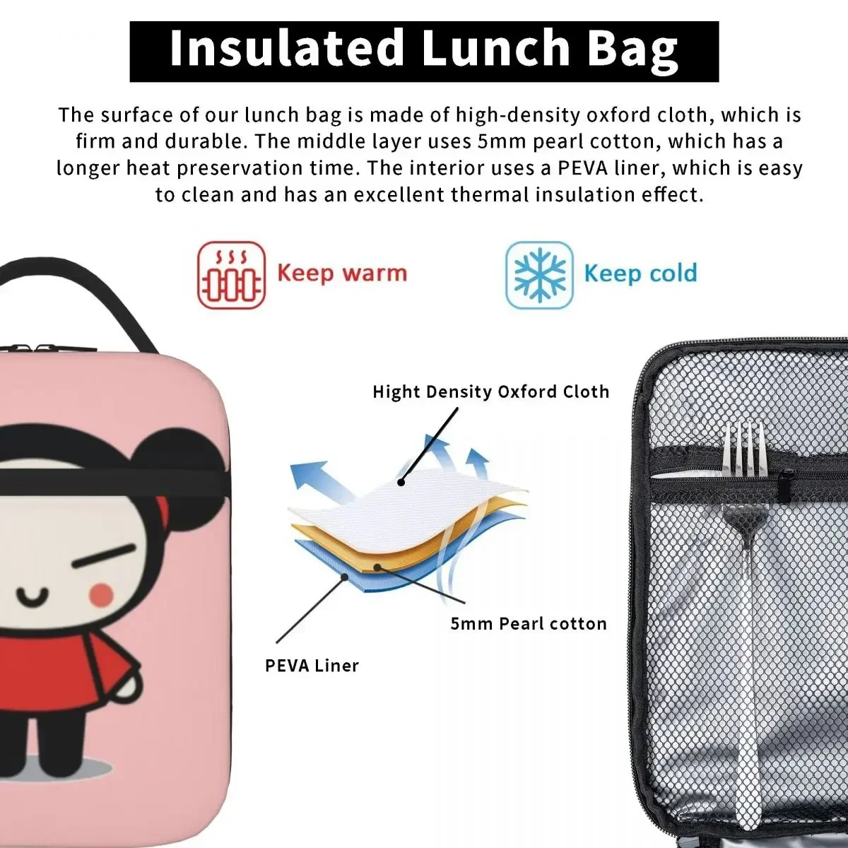 Cute Pucca Lunch Bags Insulated Lunch Tote Waterproof Bento Box Resuable Picnic Bags for Woman Work Children School