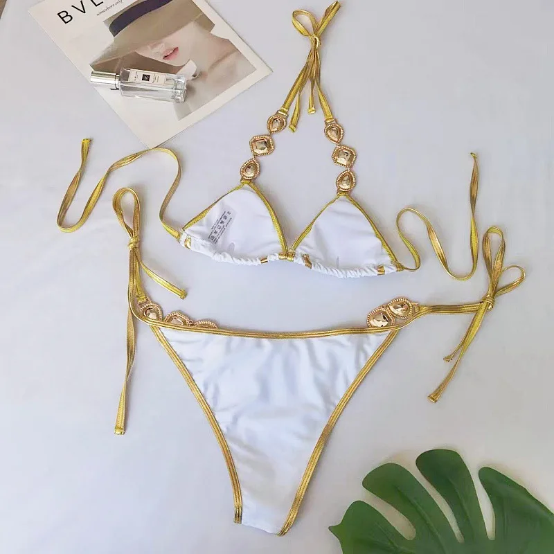 Bikini brasileño con diamantes de imitación para mujer, traje de baño femenino, conjunto de Bikini de dos piezas, 2024