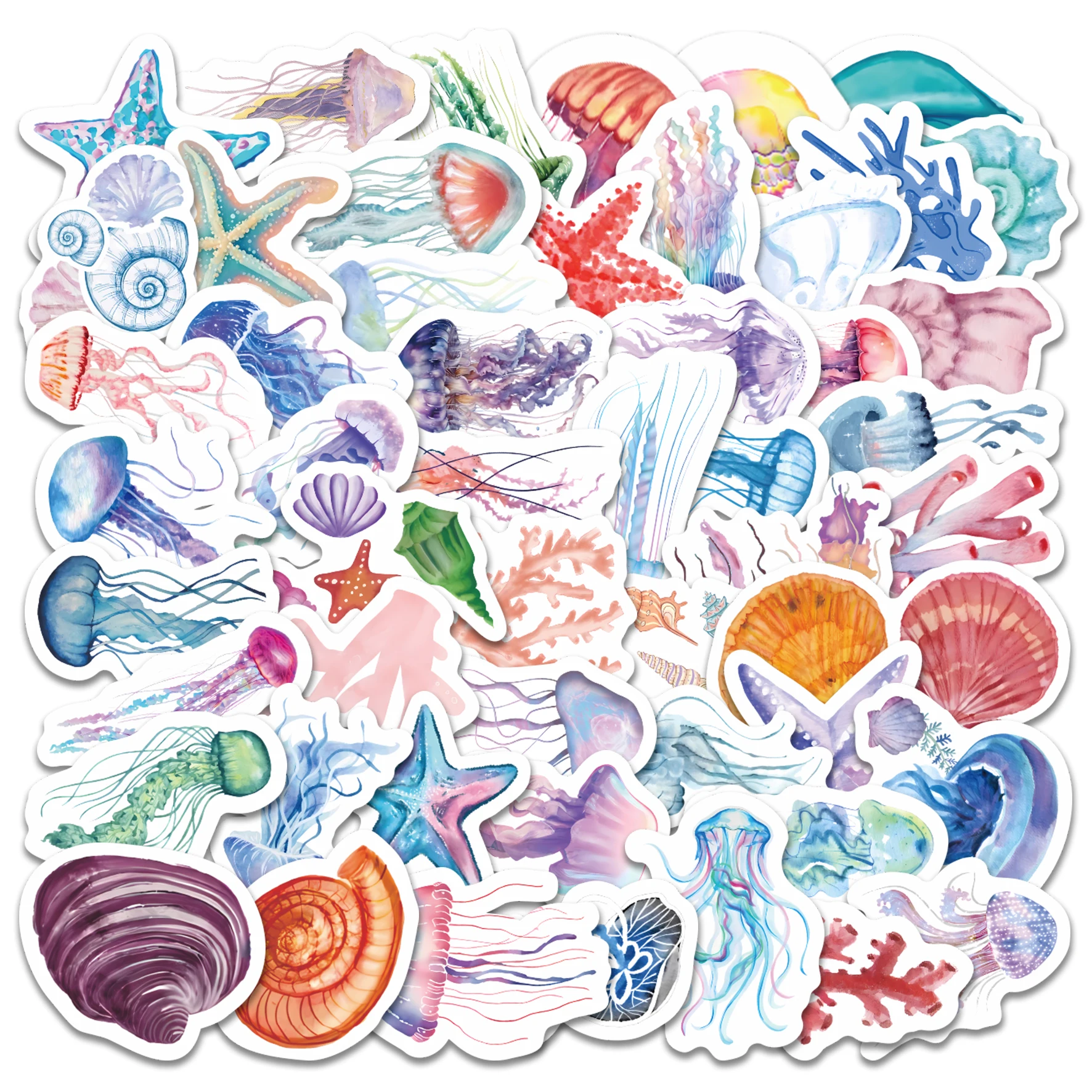 52pcs Whimsical Ocean Life Stickers | Watercolor Jellyfish Starfish Decals for Laptop, Journal & Water Bottle, Ocean Enthusiasts