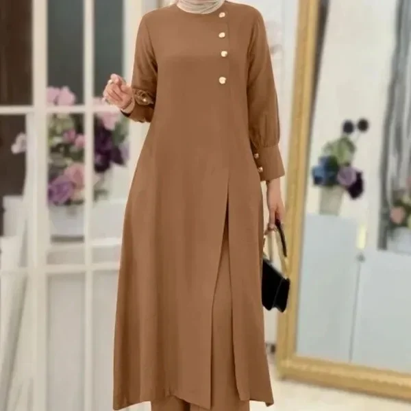 Muslim Set Fashion Legant Women Dress Solid Side Slit Long Shirt +Wide Leg Pants 2ps Islamic Clothing Dubai Saudi Turkish Robe