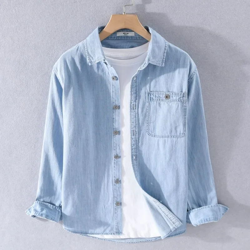 2025 Spring and Autumn Youth Small Fresh Wash Pure Cotton Denim Shirt Men's Long Sleeve Trend Men's Casual Shirt Coat Outer Wear