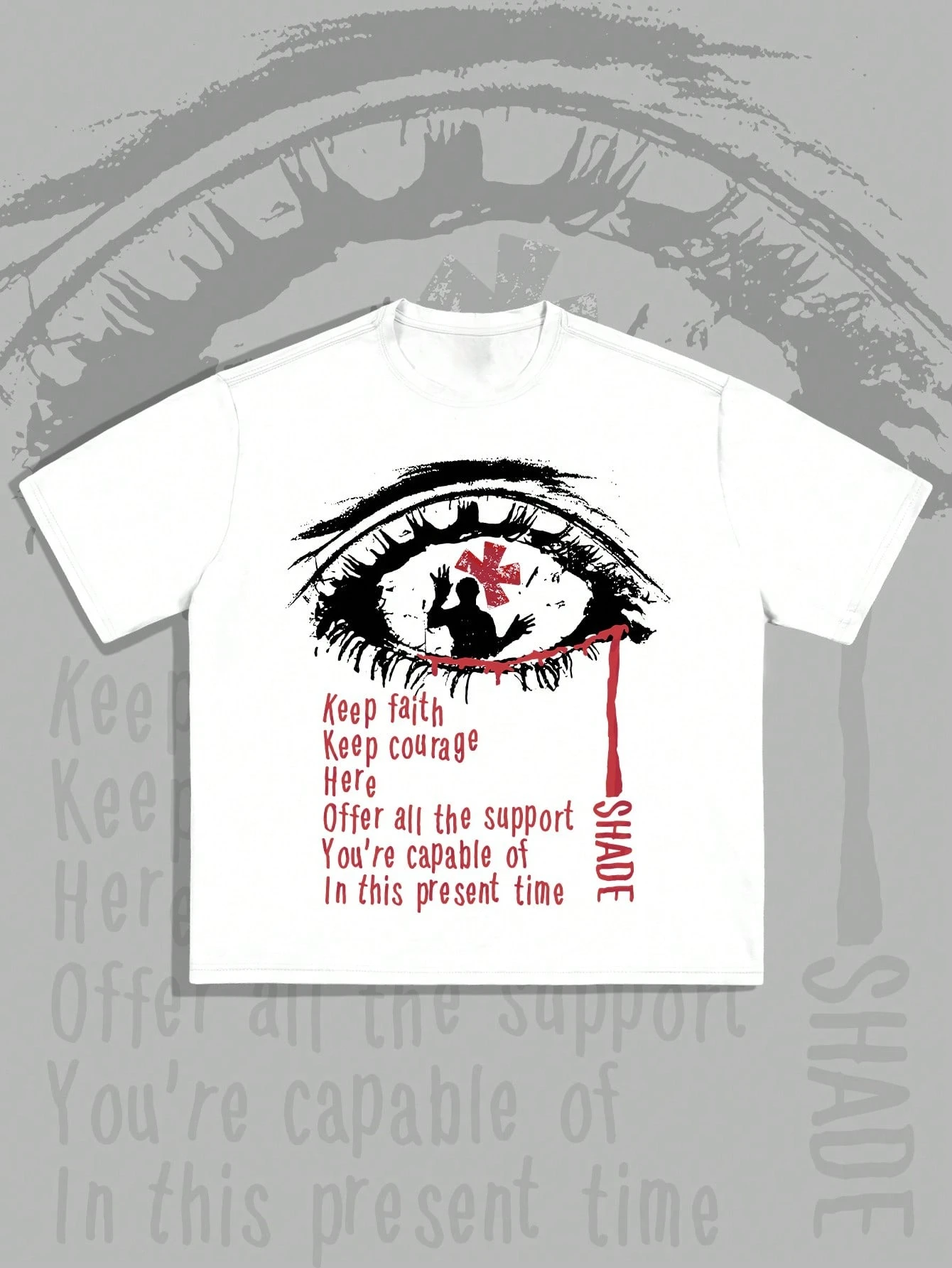 2026 New Eye Graffiti Keep Faith Keep Courage Quote Oversized Streetwear Graphic T Shirt