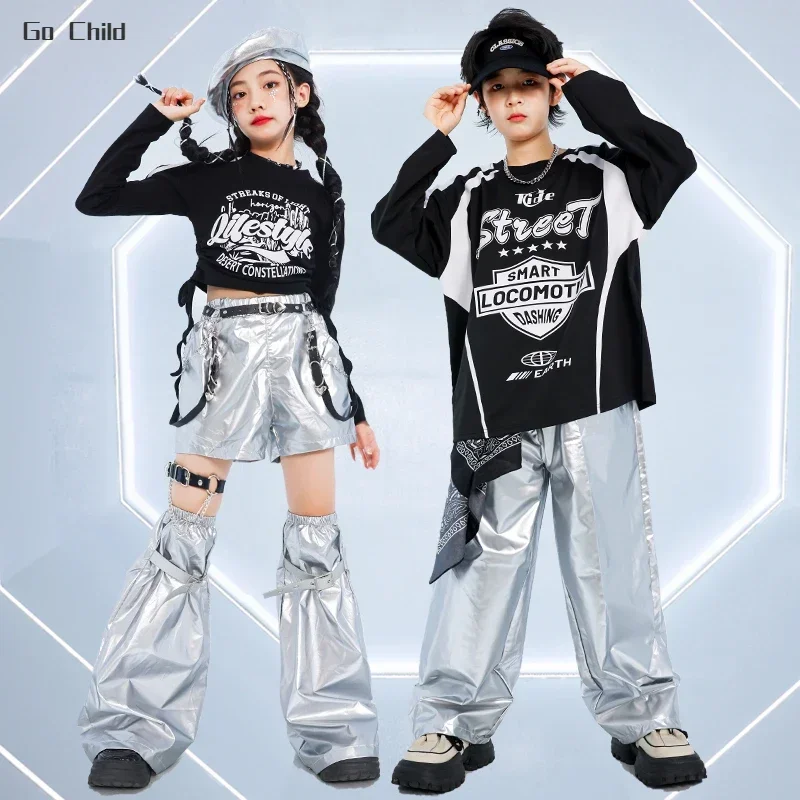 Girls K-pop Sweatshirt Street Dance Silver Pants Boys Hip Hop Shorts Shiny Clothes Set Kids Jazz Skirts Children Cool Streetwear