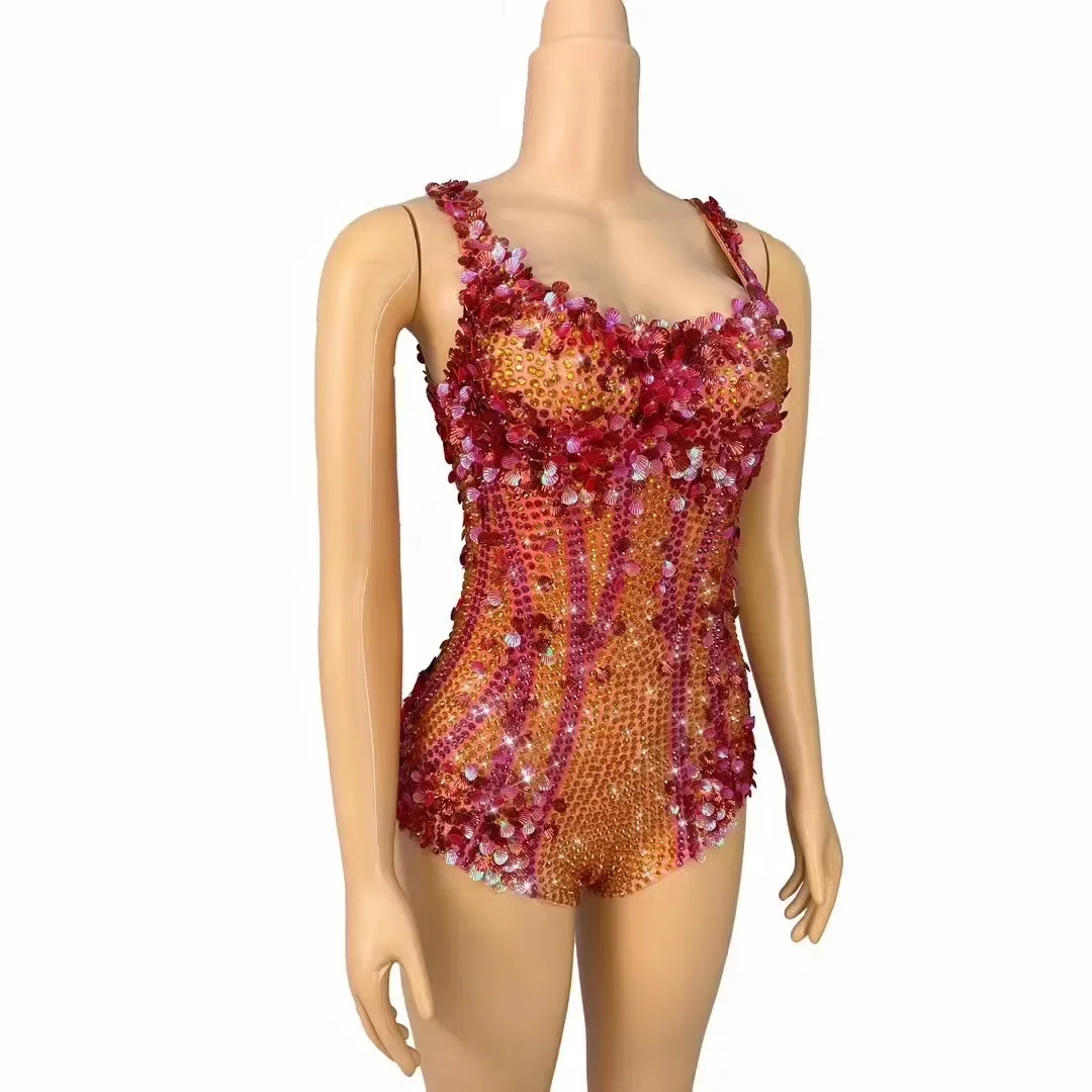 Sparkly Rhinestones Sequins Strip Bodysuit Women Sexy Performance Dance Costume Singer Dancer Show Stage Wear Nightclub Outfit