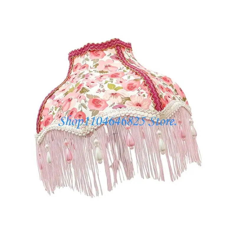 Flared Fabric Light Shade with Rose Pattern, Scalloped Edging and Beaded Fringe for Tabletop or Wall-Mounted Lighting