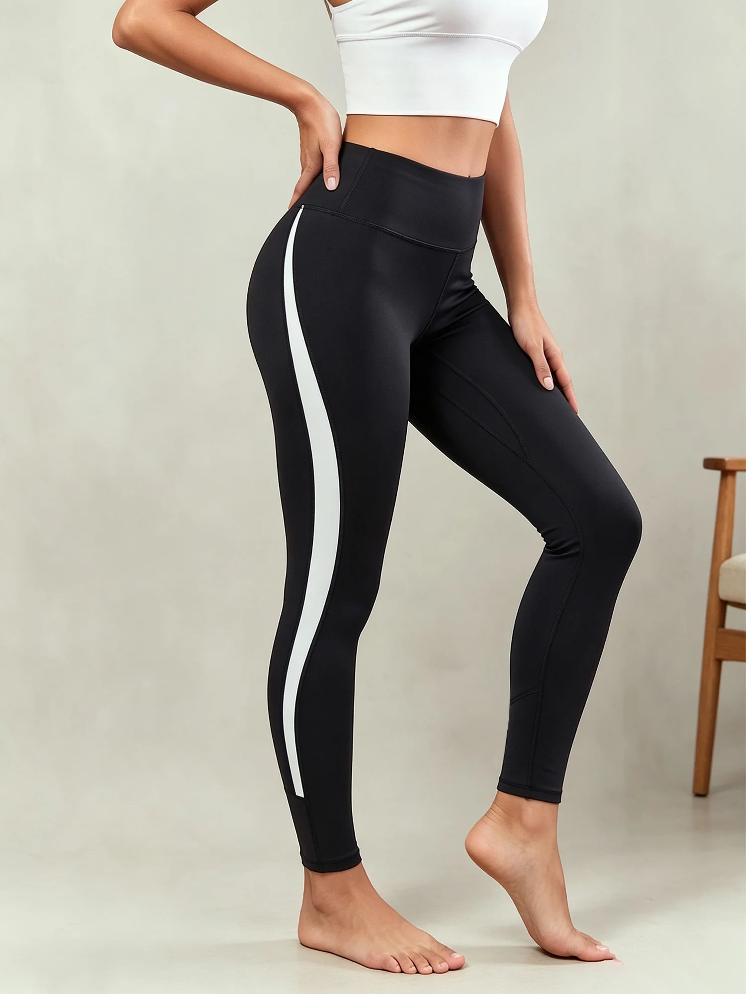 Women Black Fashion Leggings Side White Curved Panel Stripe High Elastic Tummy Control Daily Trousers