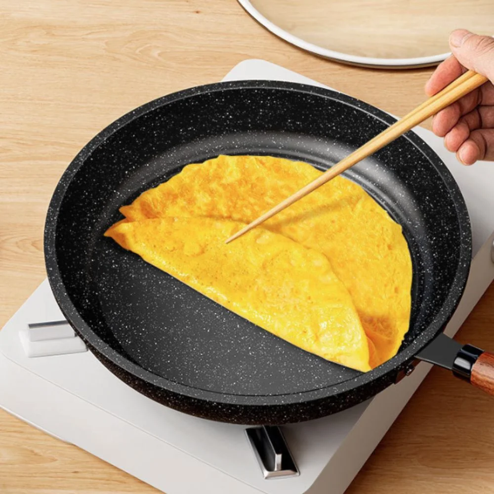 

Kitchen Cookware Non Stick Frying Pan Flat Bottomed with Lid Stir Fry Pan Wood Handle Universal Saucepan Induction Cooker