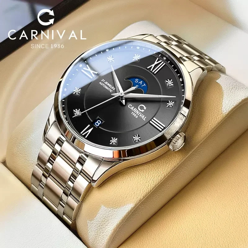

Мужские часы Carnival, роскошные механические часы с бриллиантовым циферблатом, мужские стальные часы с сапфировым стеклом, автоматические наручные часы с механизмом MIYOTA, мужские наручные часы