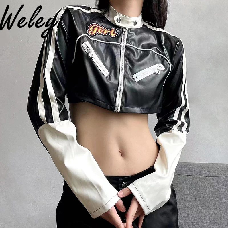 ผู้หญิงอเมริกันสีดําหนัง Cropped Bomber แจ็คเก็ตแนวโน้ม 2025 ฤดูใบไม้ผลิสบายๆหลวมผู้หญิงแขนยาว PU สั้นเสื้อ Feminina