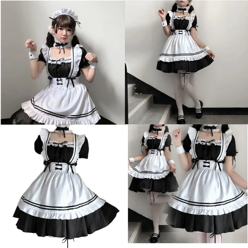 

Kawaii Fox Maid Cosplay Costume Black White Lolita Dress Anime Neko Uniform Japanese Outfit Set Cute Dress Black and White Socks