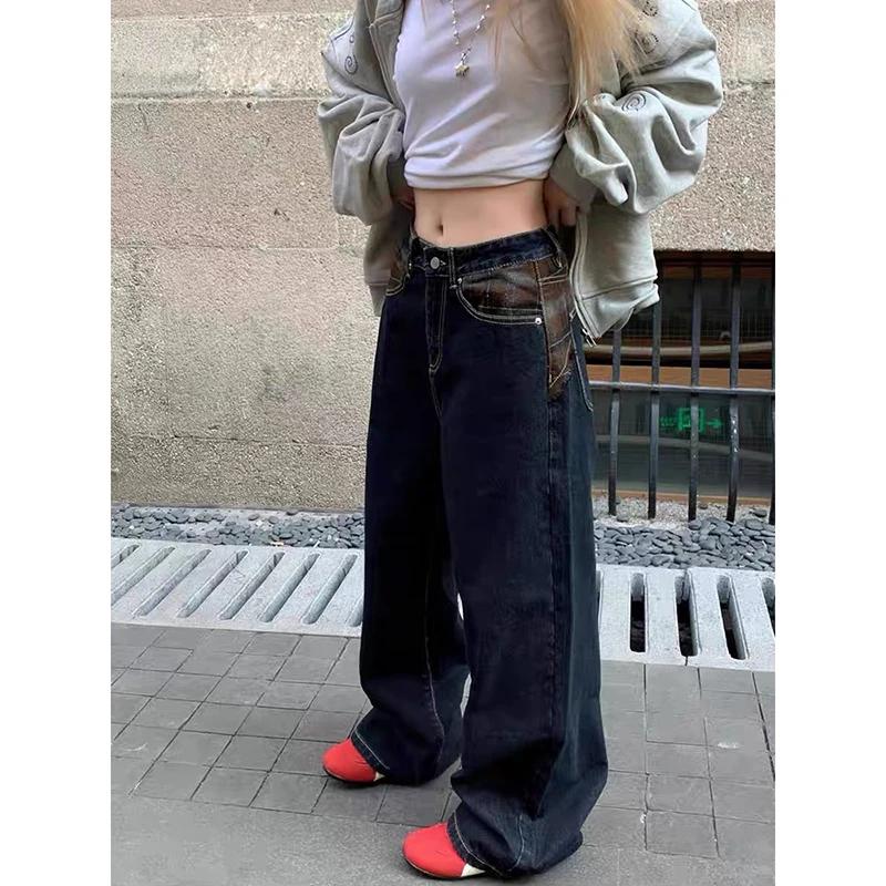 

ZHIZOU женские синие готические мешковатые джинсы в клетку Y2K American High Street Harajuku эстетические винтажные джинсы брюки одежда