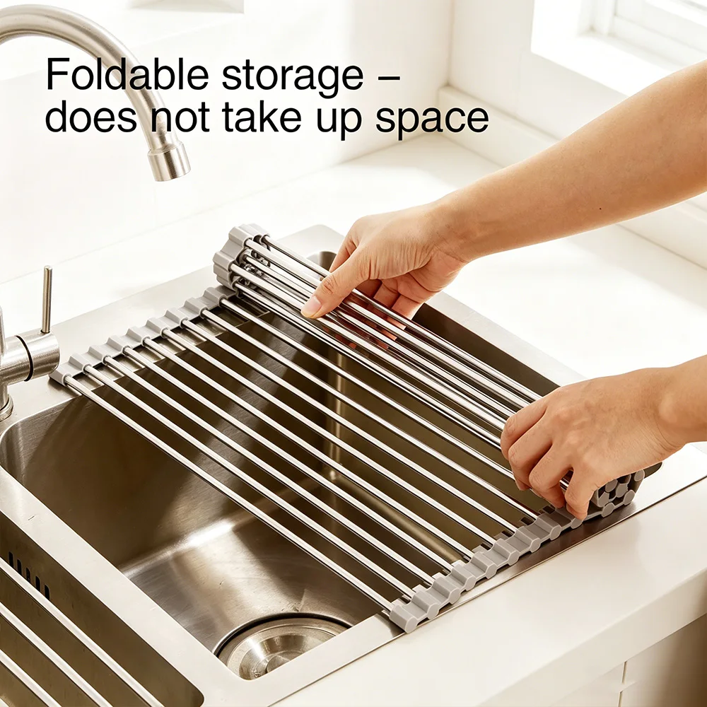 Kitchen Multifunctional Foldable Sink Drain Rack Stainless Steel Dish Fruit Drying Storage Shelf Bowl Organizer view 4