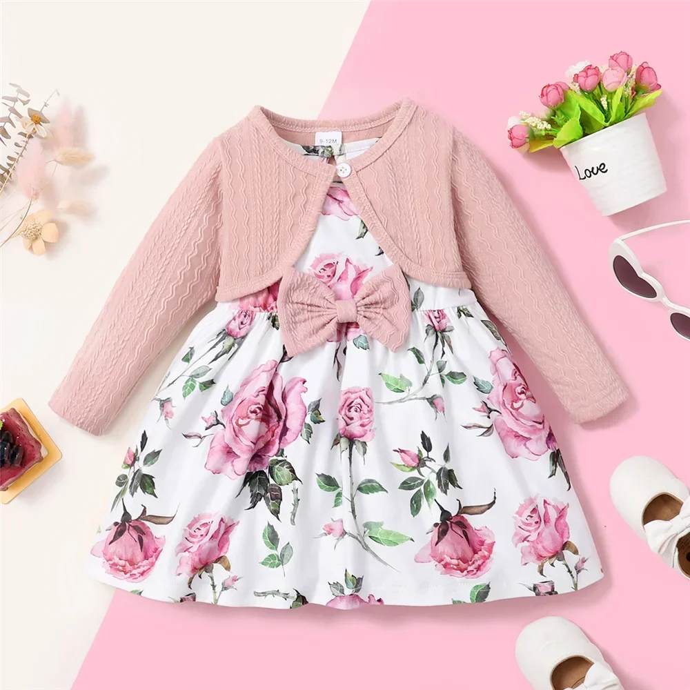 2PCS Toddler Girl Dress Set Long sleeved Plain Color Overcoat+Floral Sleeveless Dress fashion Party Wear for Infant 0-3 Years